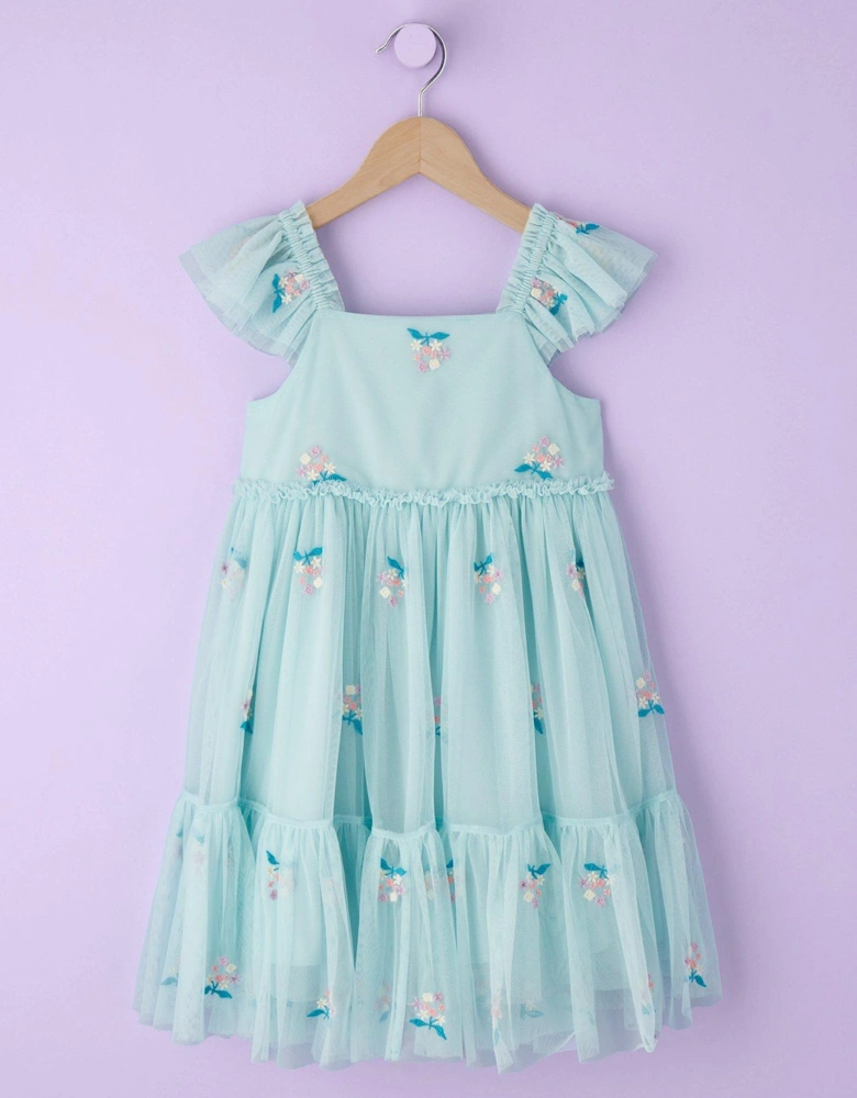 Girls Embroidered Mesh Tiered Dress - Blue
