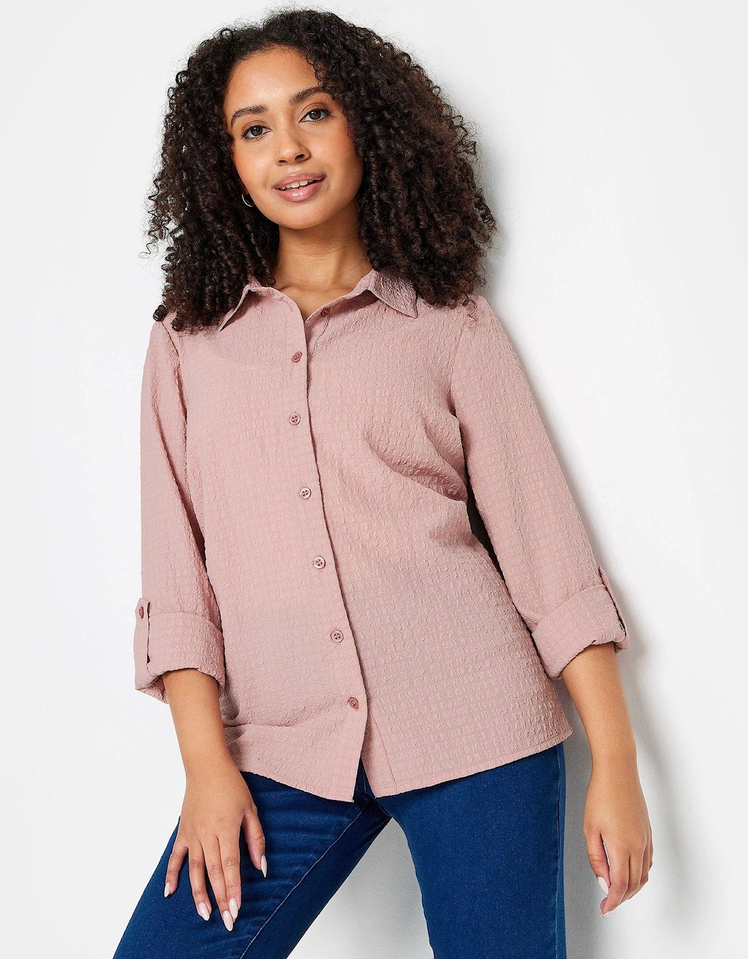 Petite Pink Textured Turn Back Sleeve Shirt, 2 of 1