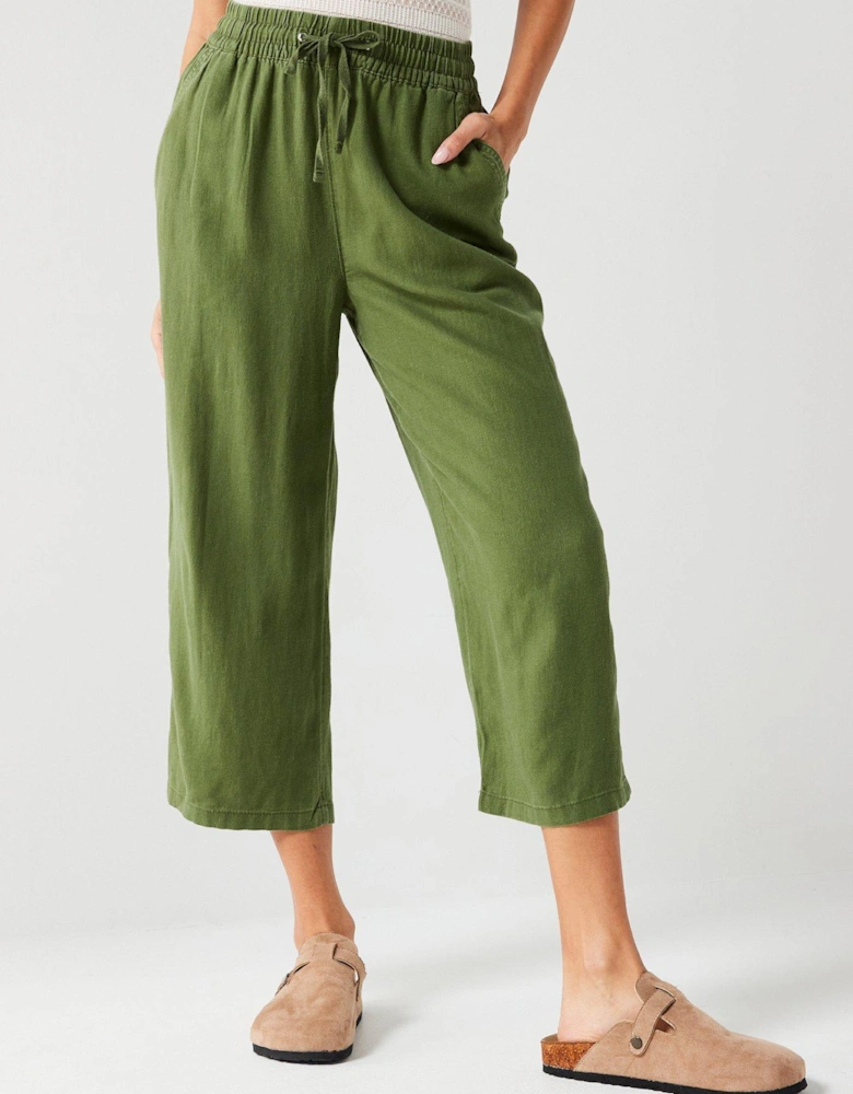 Crop Linen Blend Trousers - Khaki