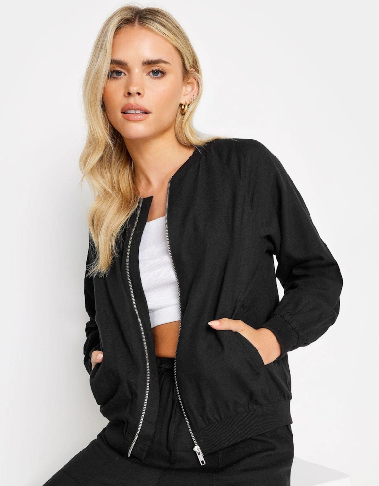 Petite Black Linen Blend Bomber Jacket