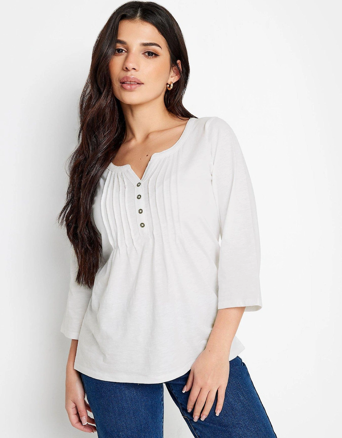 Petite White Henley Long Sleeve Cotton Tee, 2 of 1