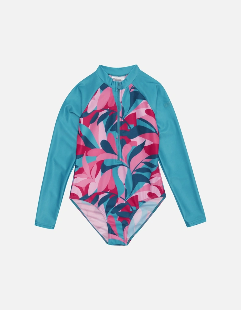 Girls Tropical Leaves Long-Sleeved One Piece Swimsuit