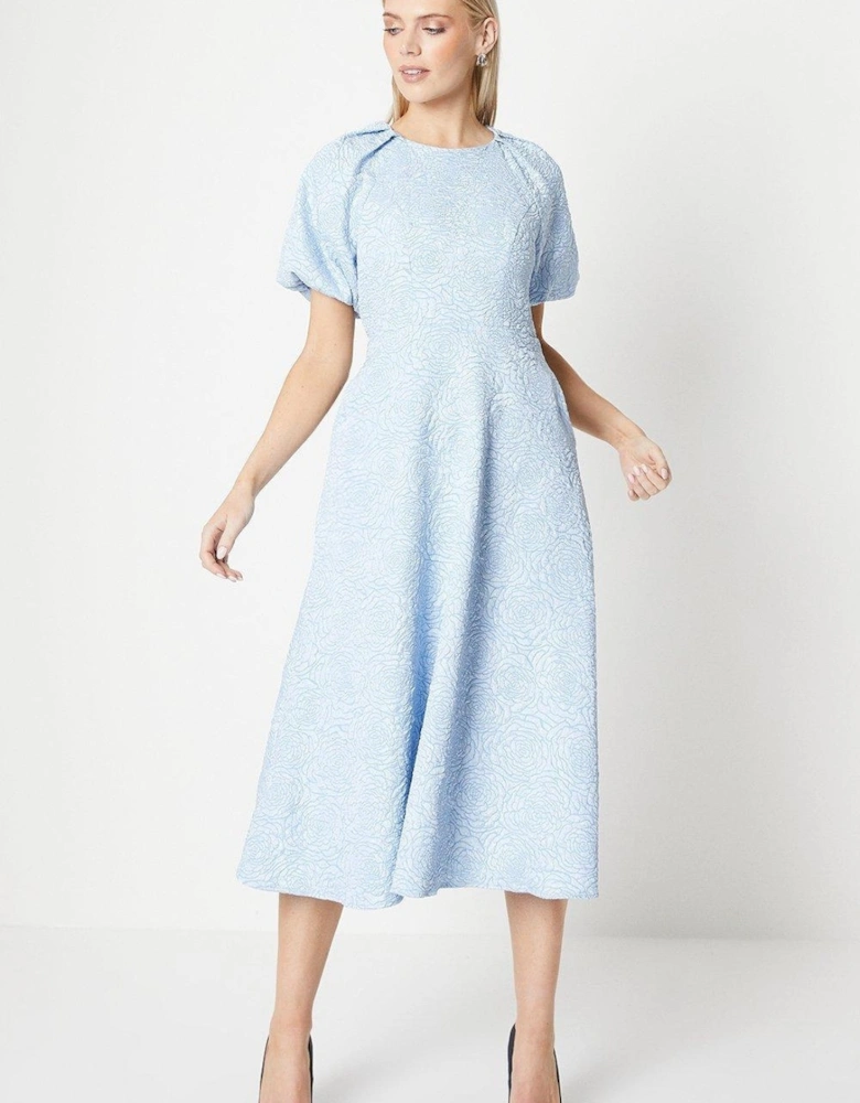 Womens/Ladies Jacquard Puff Sleeve Midi Dress