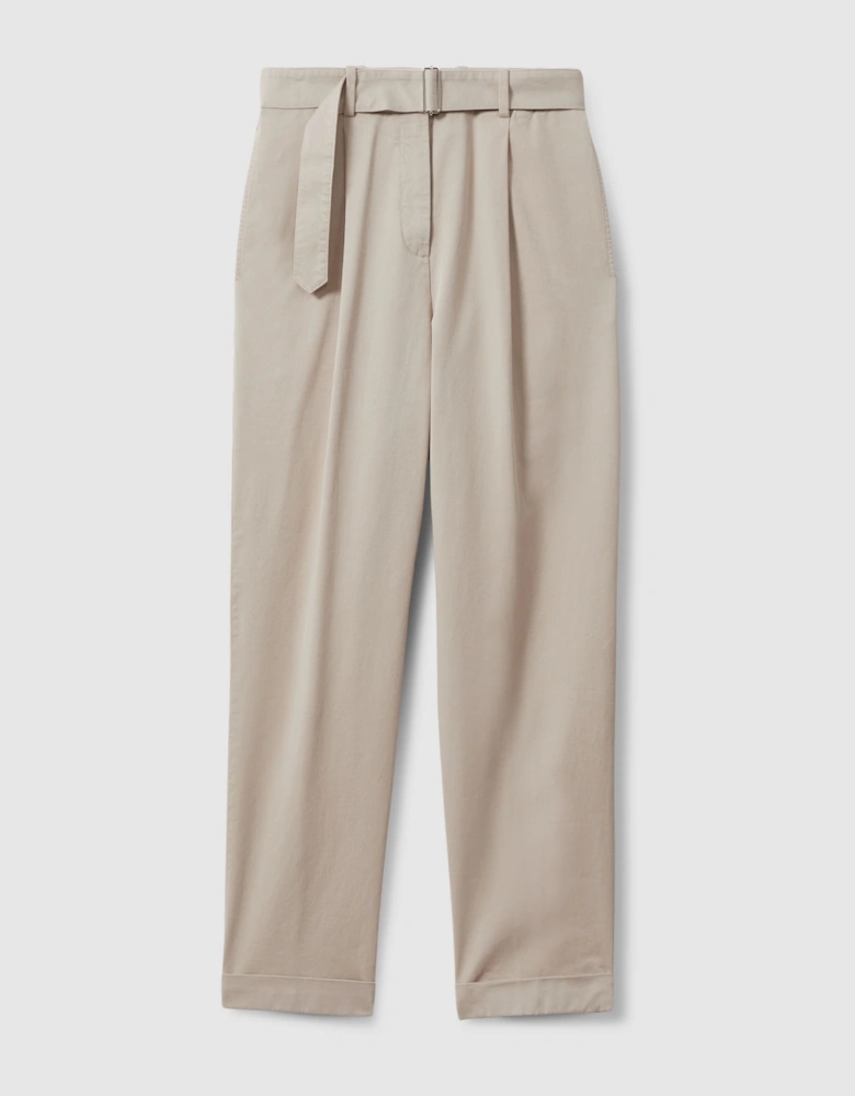 Cropped Cotton Blend Belted Trousers