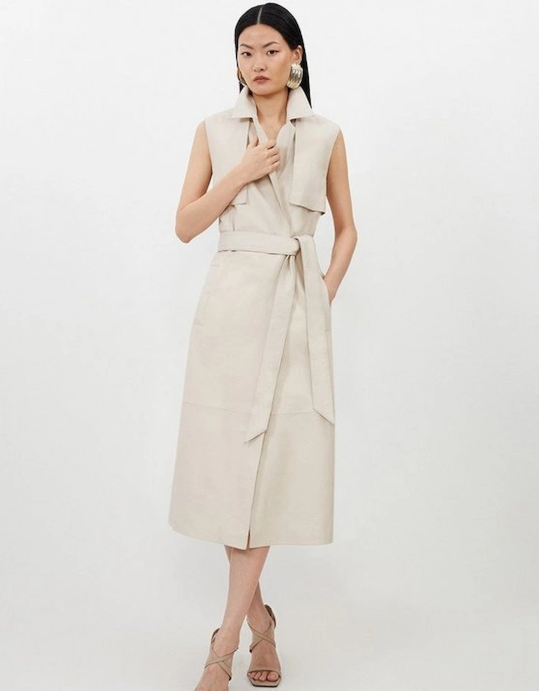 Leather Sleeveless Belted Storm Flap Detail Trench Coat