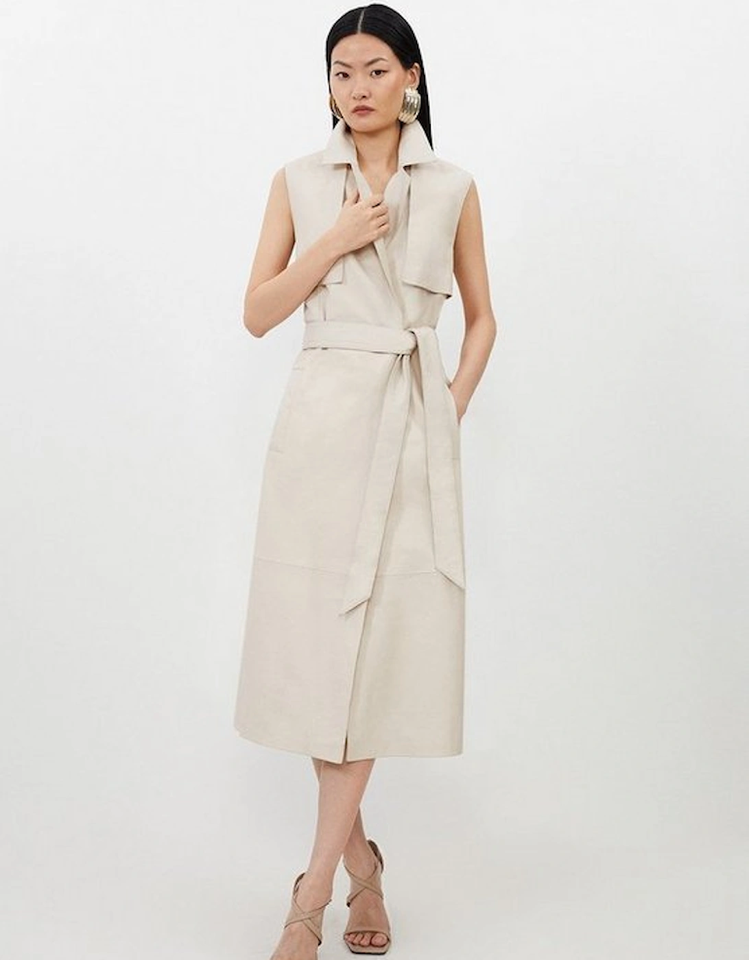 Leather Sleeveless Belted Storm Flap Detail Trench Coat, 5 of 4