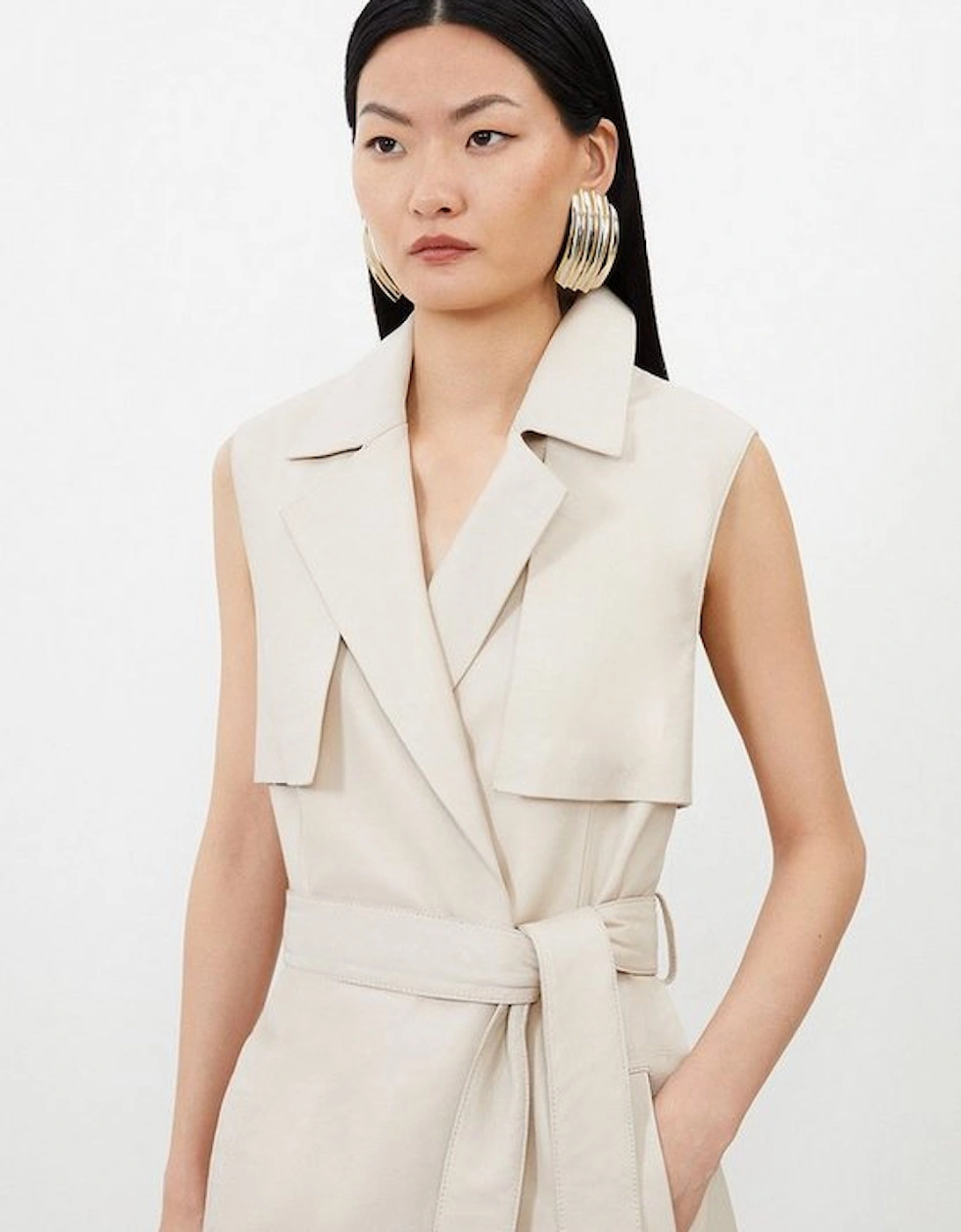 Leather Sleeveless Belted Storm Flap Detail Trench Coat
