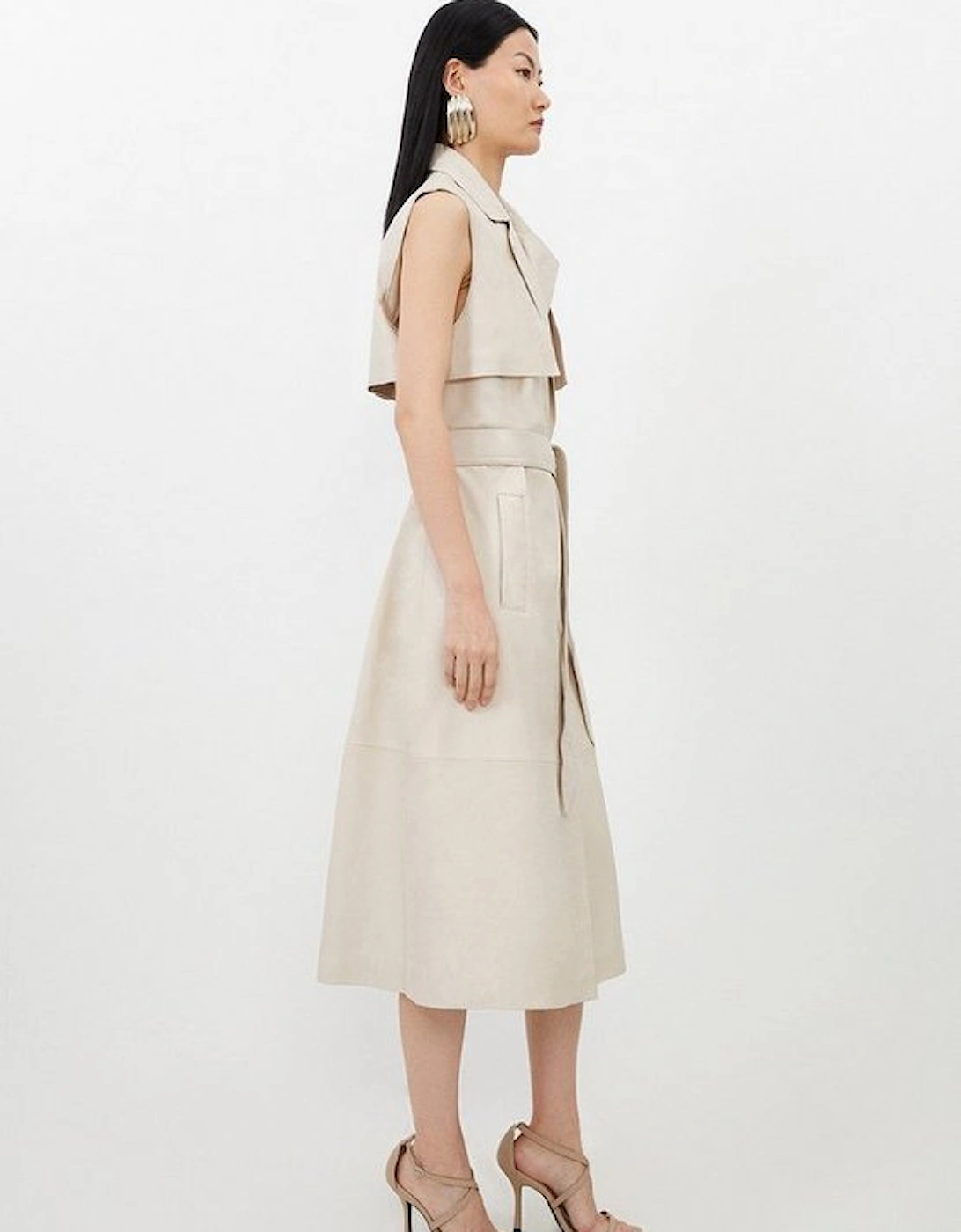 Leather Sleeveless Belted Storm Flap Detail Trench Coat