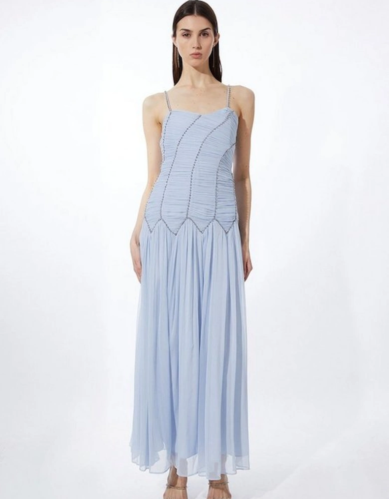 Tall Strappy Embellished Ruched Georgette Woven Maxi Dress