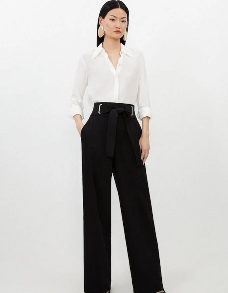 Premium Viscose Linen Belted Tailored Straight Leg Trousers