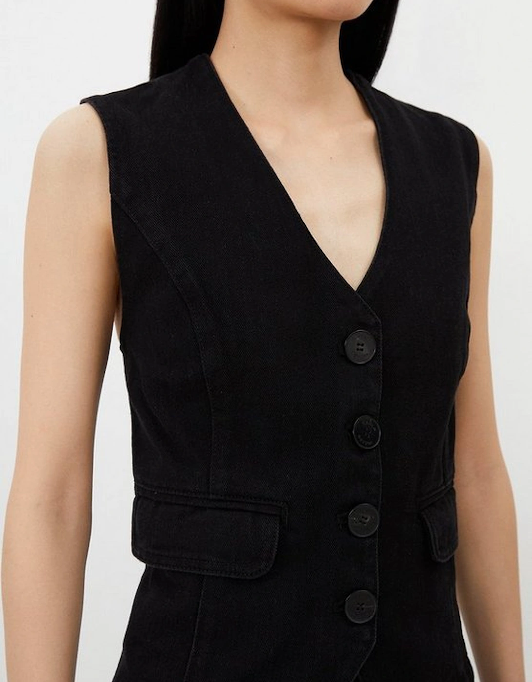 Denim Contrast Stitch Detail Button Through Waistcoat