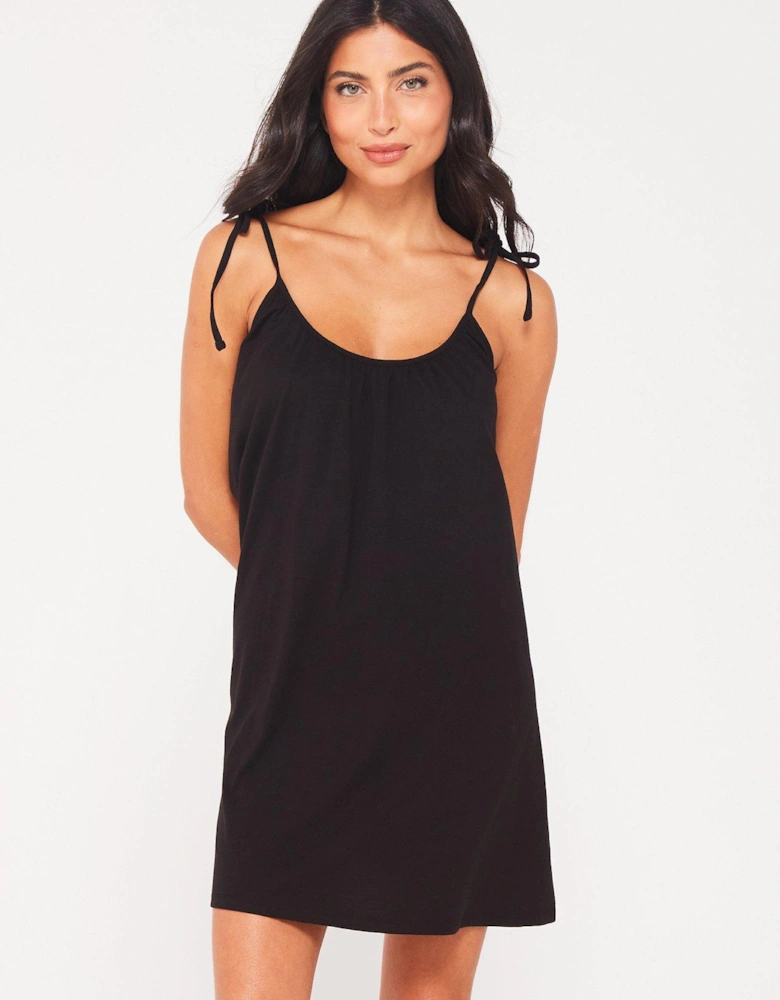 Tie Shoulder Beach Mini Dress - Black