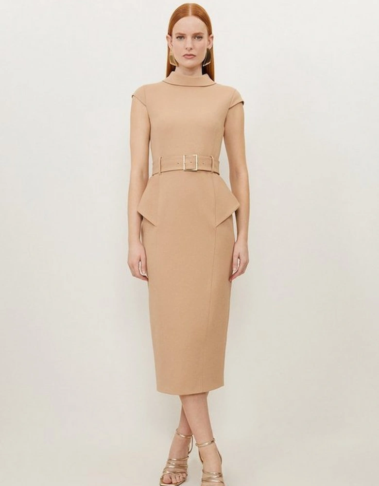 Petite Structured Crepe Roll Neck Peplum Belted Midi Dress