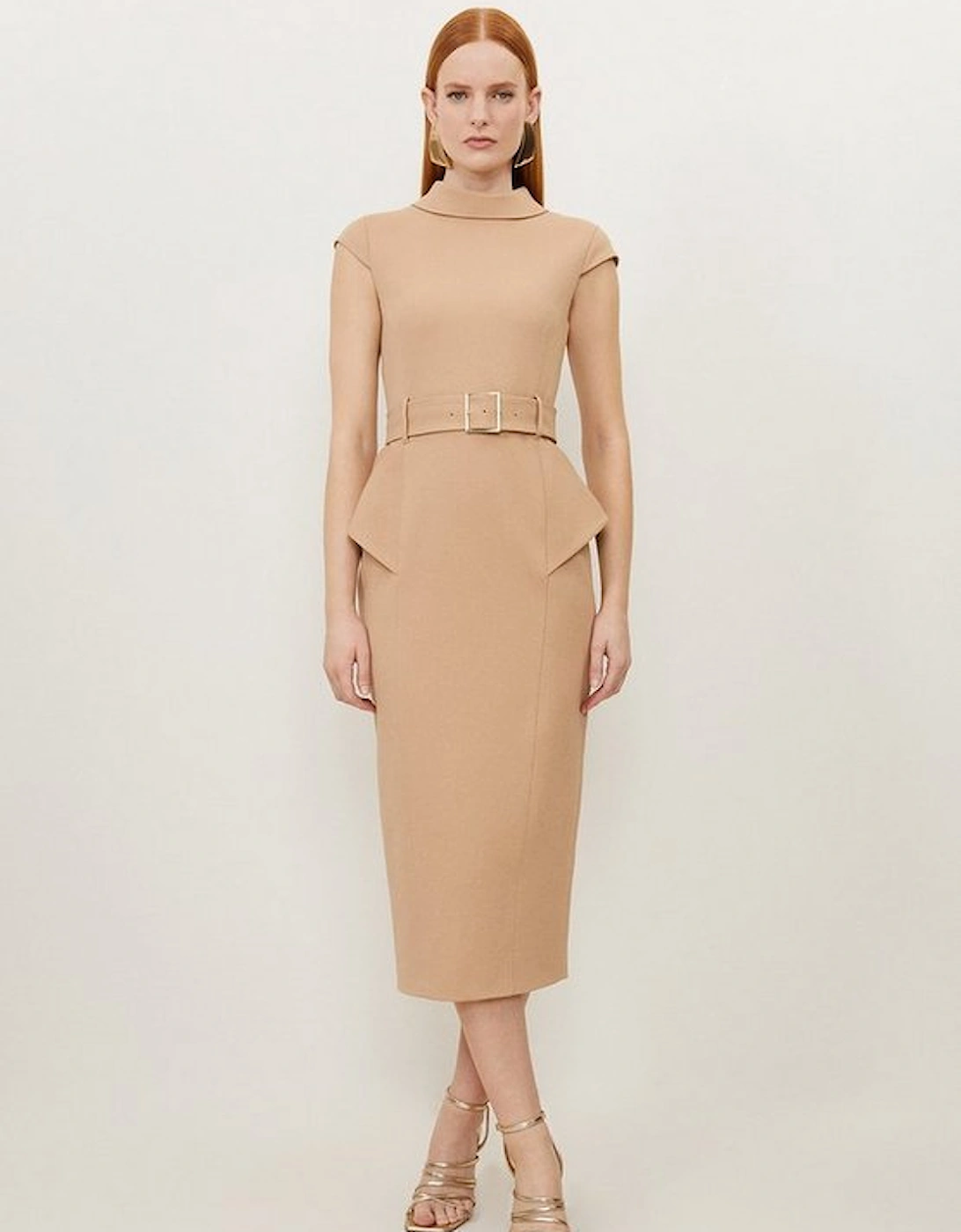 Petite Structured Crepe Roll Neck Peplum Belted Midi Dress, 4 of 3