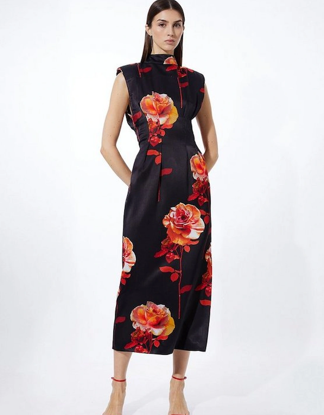Rose Floral Satin Back Crepe Woven Midi Dress, 5 of 4