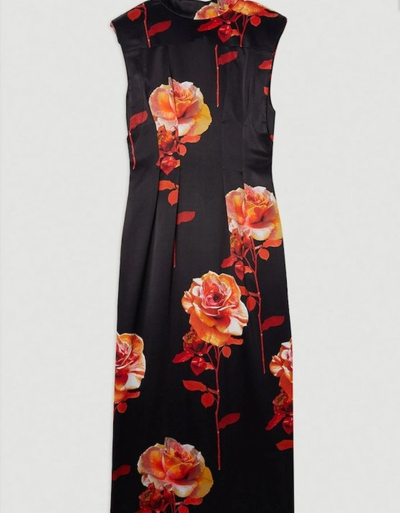 Rose Floral Satin Back Crepe Woven Midi Dress