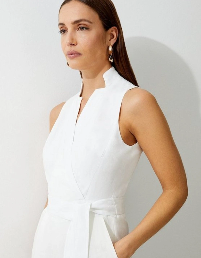 Premium Tailored Linen Notch Neck Belted Straight Leg Jumpsuit