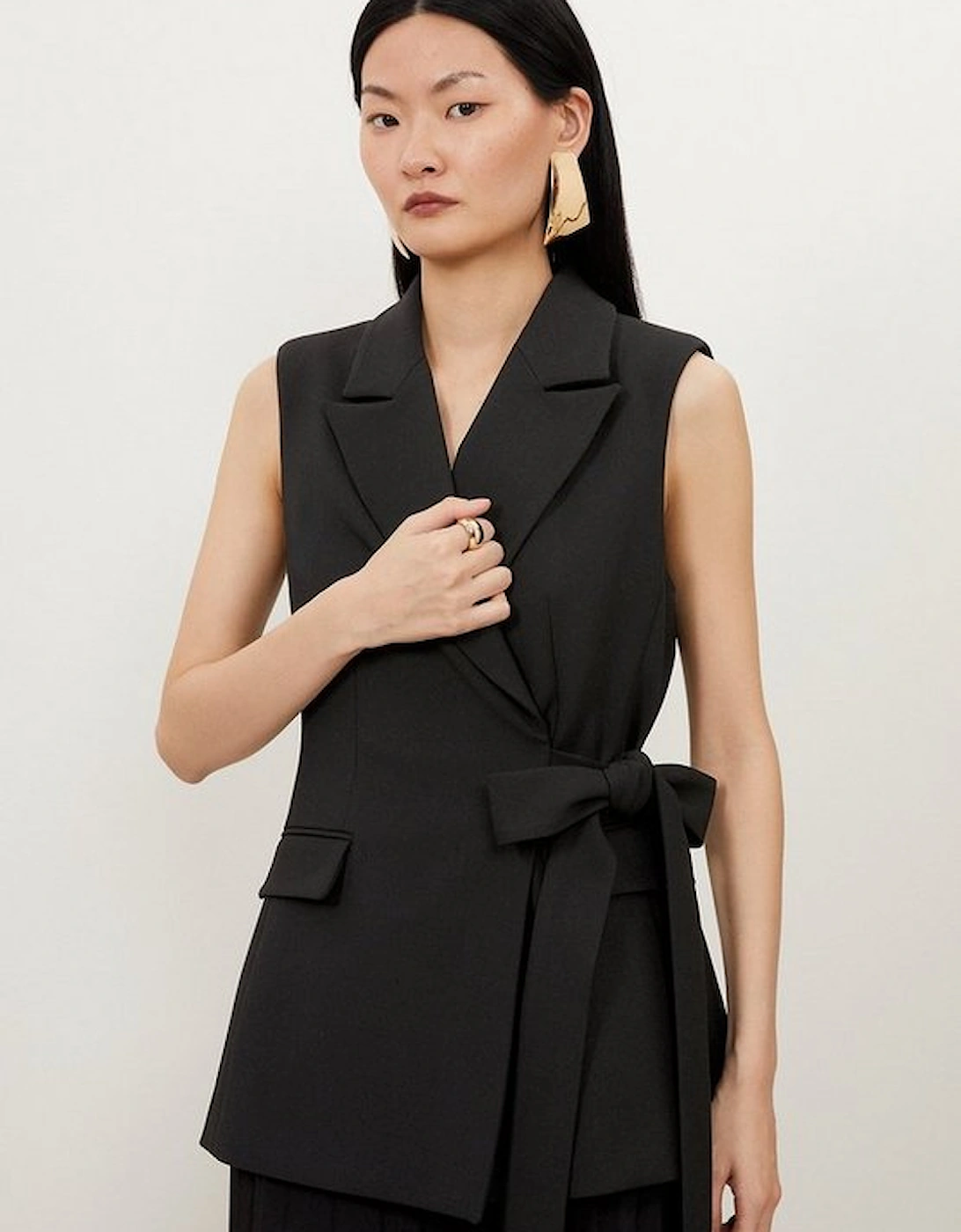 Compact Stretch Tie Blazer Soft Tailored Pleated Jumpsuit