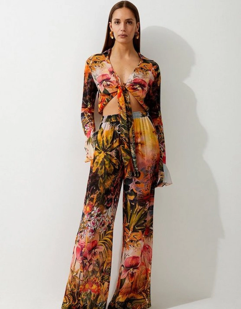 Floral Placed Print Viscose Georgette Beach Trousers