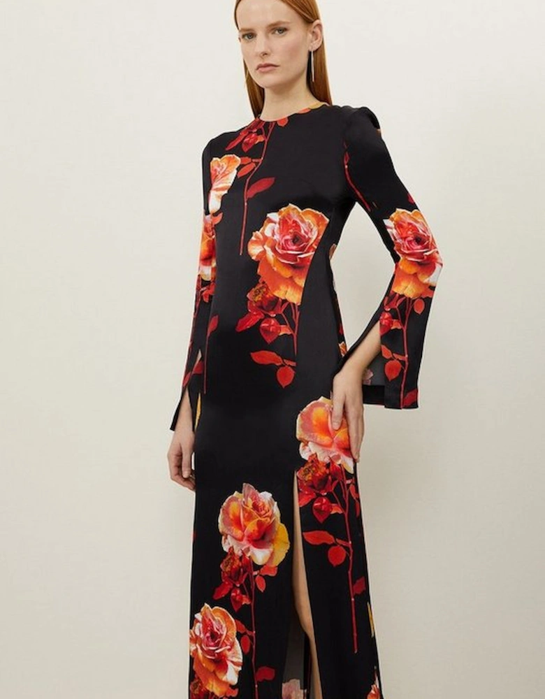 Rose Floral Woven Viscose Satin Midi Dress