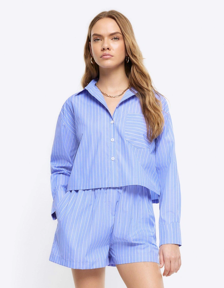Cropped Poplin Stripe Shirt - Blue