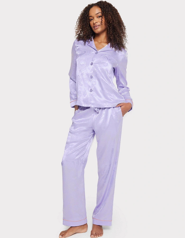 Satin Jacquard Dragon Print Long Pyjama Set - Purple