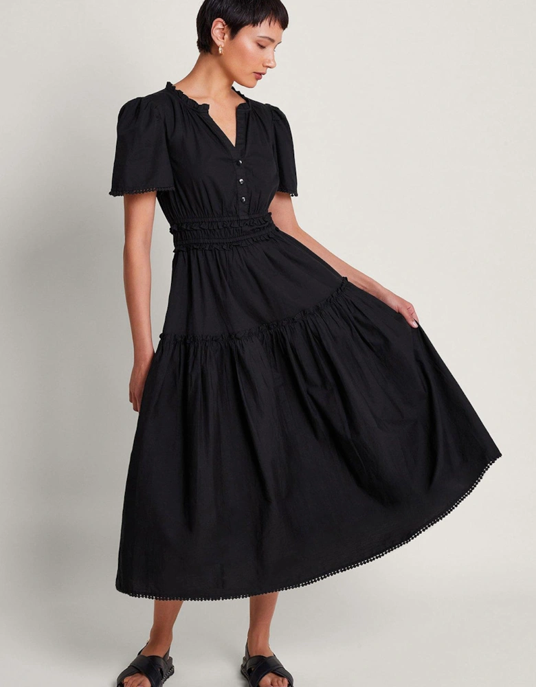 Lorena Cotton Ruffle Detail Midi Dress - Black