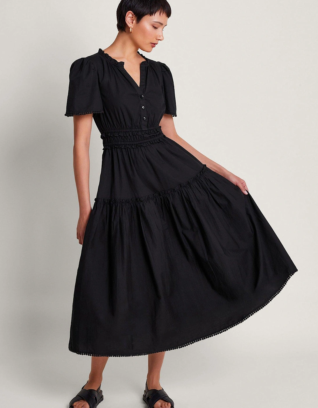 Lorena Cotton Ruffle Detail Midi Dress - Black, 2 of 1