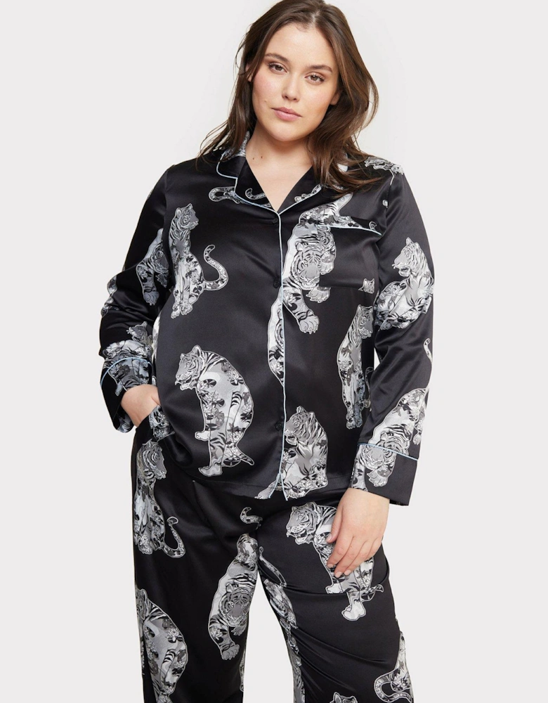 Curve Satin Black Lotus Tiger Print Long Pyjama Set - Black