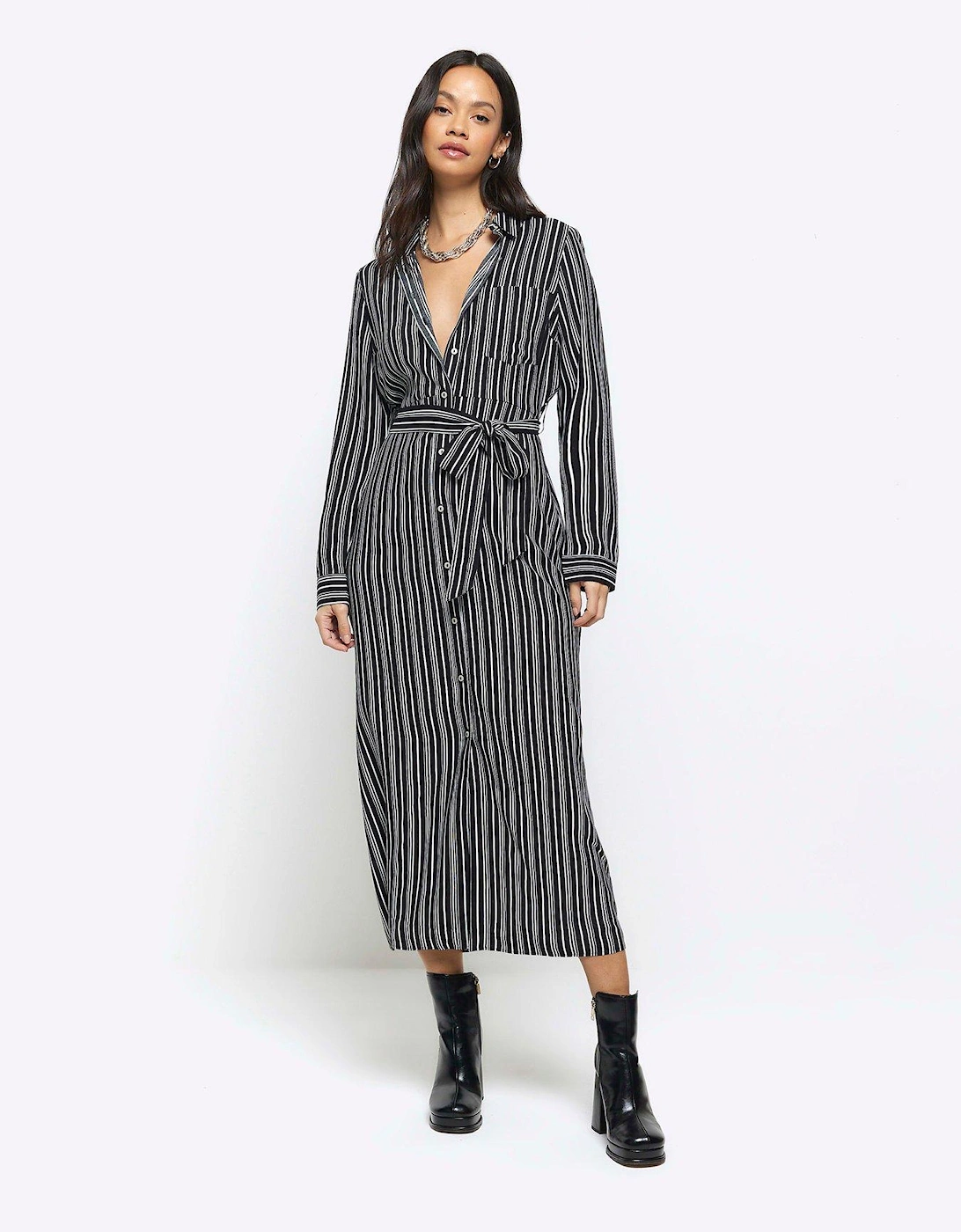 Striped Shirt Midi Dress - Black, 5 of 4