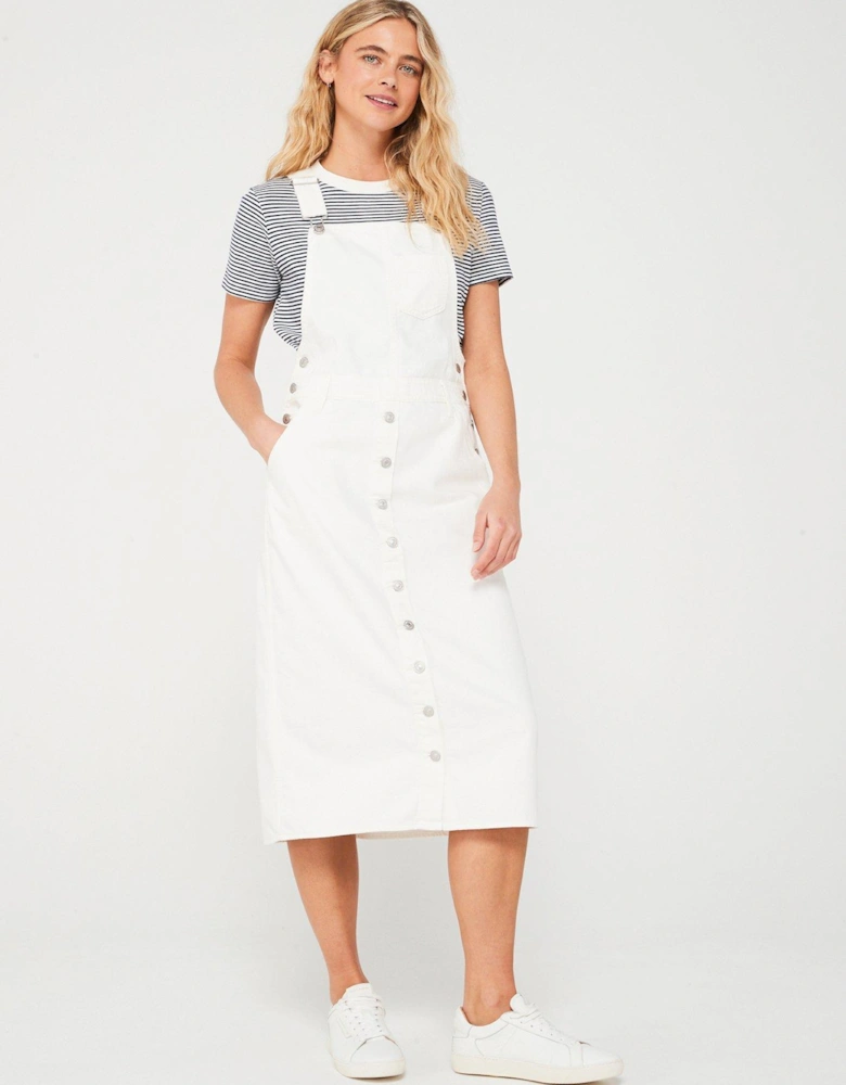 Pinafore Denim Midi Jumper Dress - White