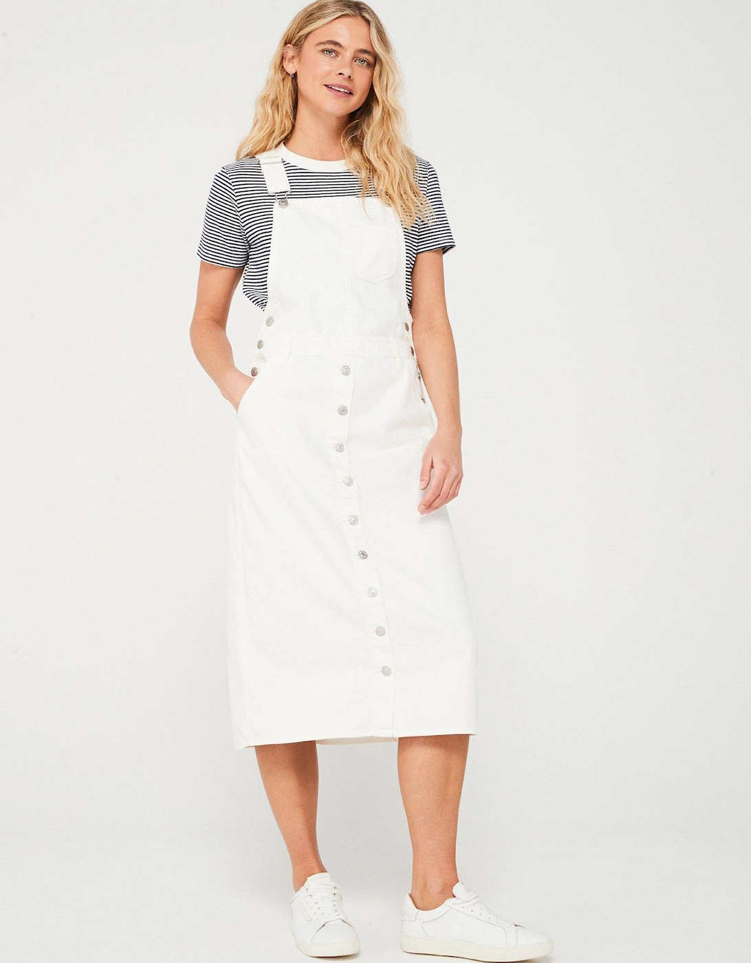 Pinafore Denim Midi Jumper Dress - White, 3 of 2