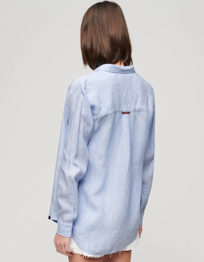 Women's Casual Linen Boyfriend Shirt Blue Bonnet Stripe