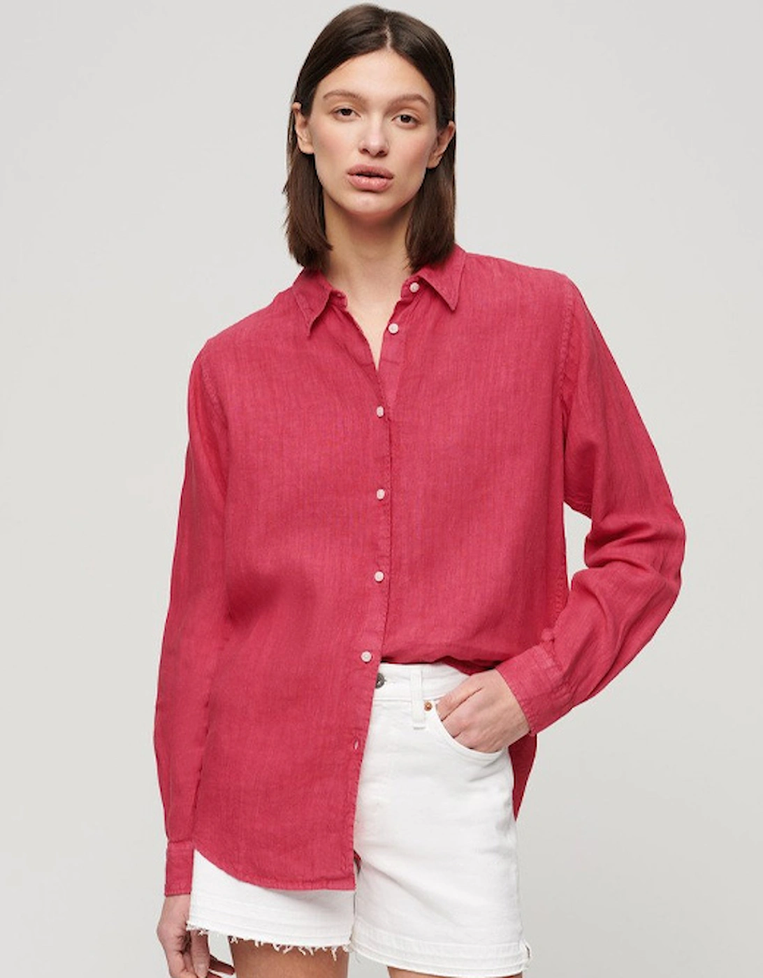 Women's Casual Linen Boyfriend Shirt Electric Pink, 7 of 6