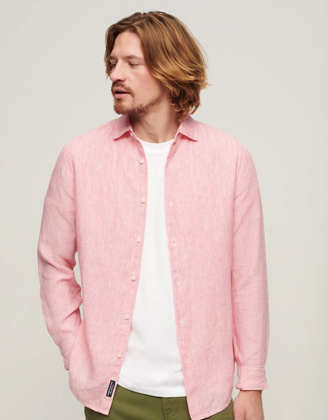 Men's Studios Casual Linen Long Sleeve Shirt New House Pink Stripe, 4 of 3