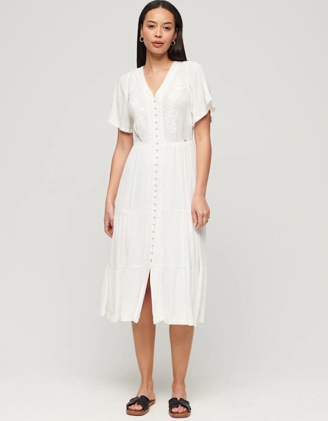 Women's Short Sleeve Embroidered Tiered Midi Dress Off White, 7 of 6