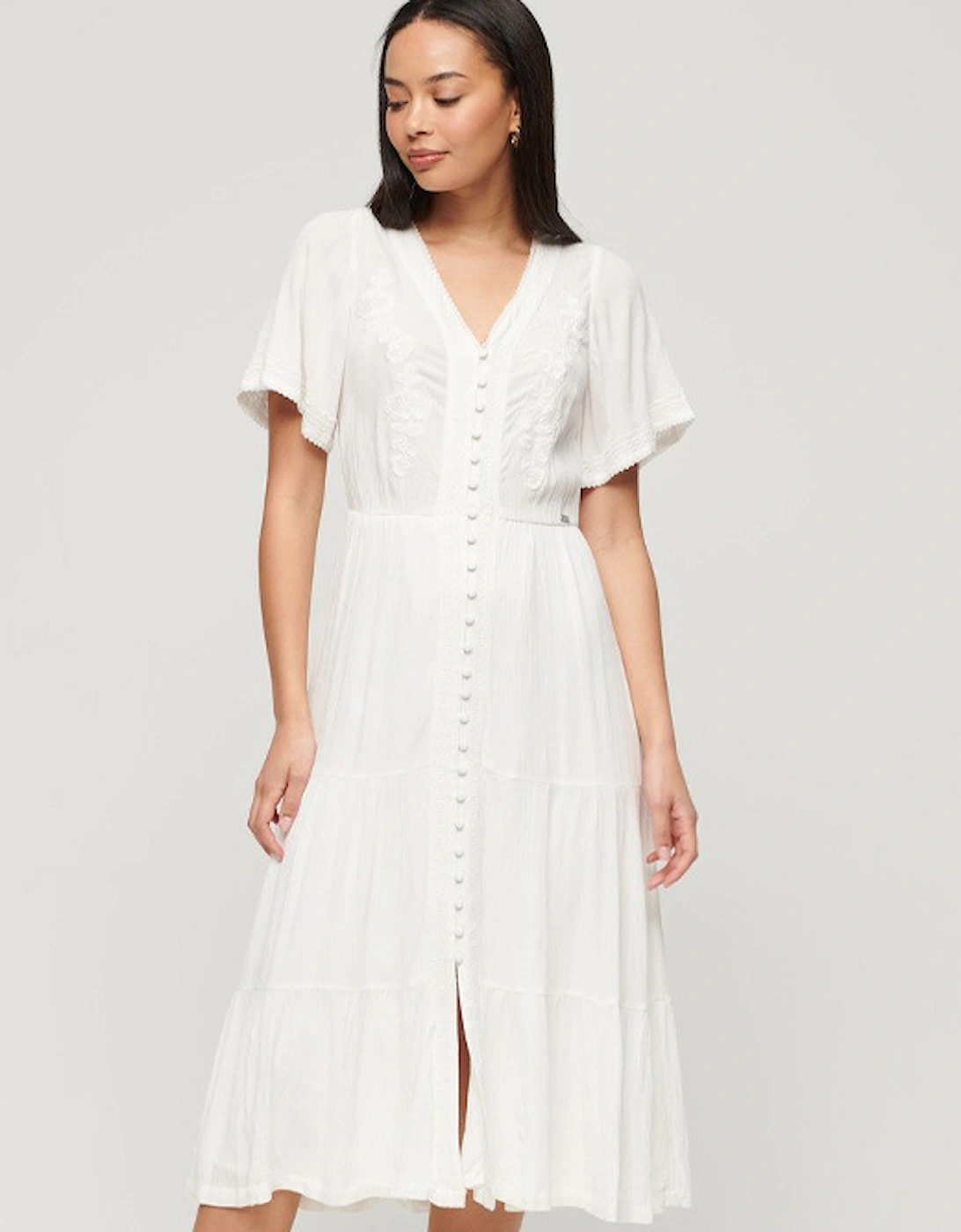 Women's Short Sleeve Embroidered Tiered Midi Dress Off White
