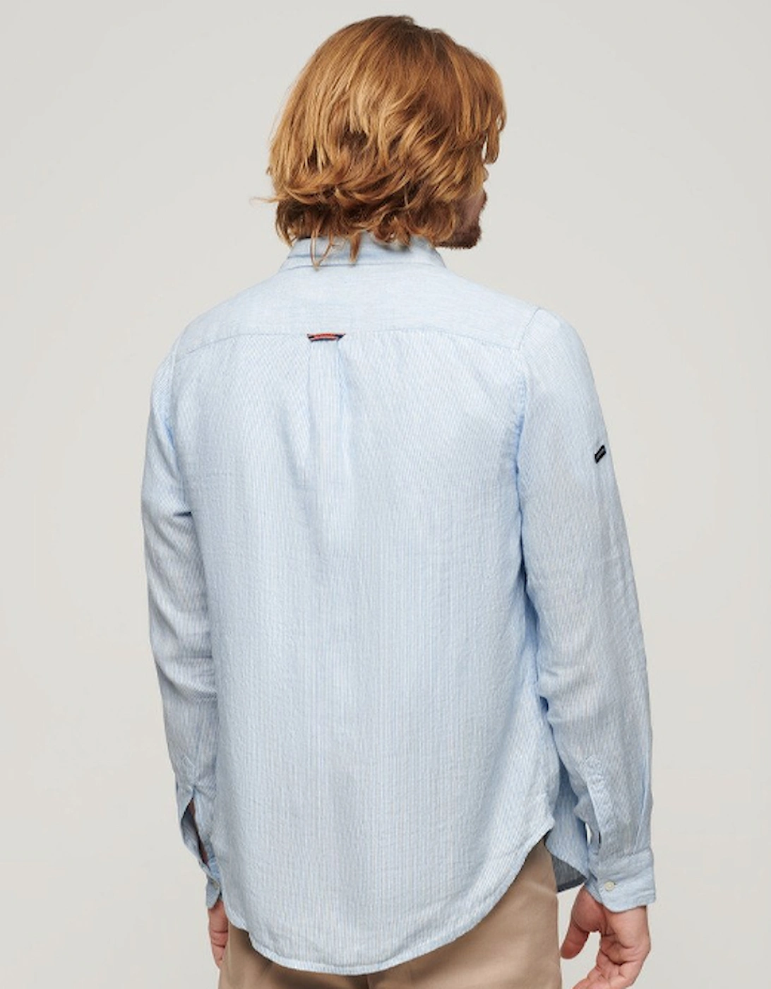 Men's Studios Casual Linen Long Sleeve Shirt Seafoam Blue Stripe