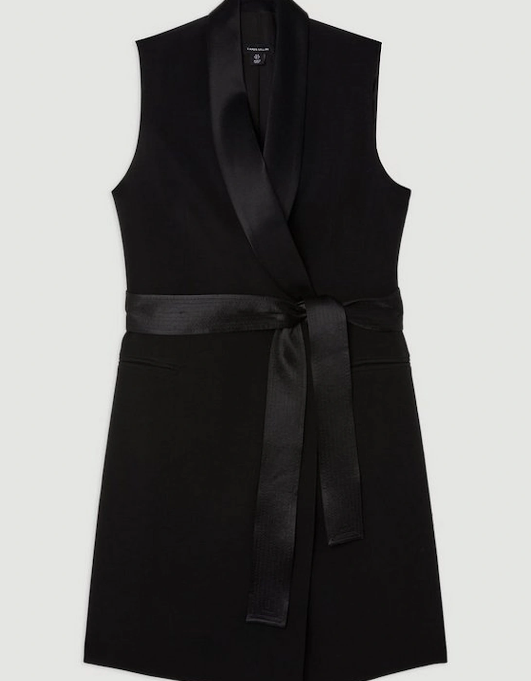 Satin Back Crepe Sleeveless Tuxedo Tailored Wrap Mini Dress