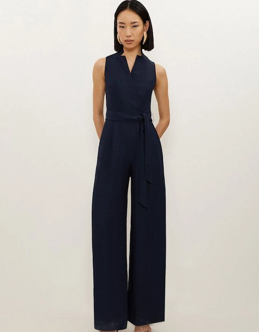 Tall Premium Tailored Linen Notch Neck Belted Straight Leg Jumpsuit, 4 of 3