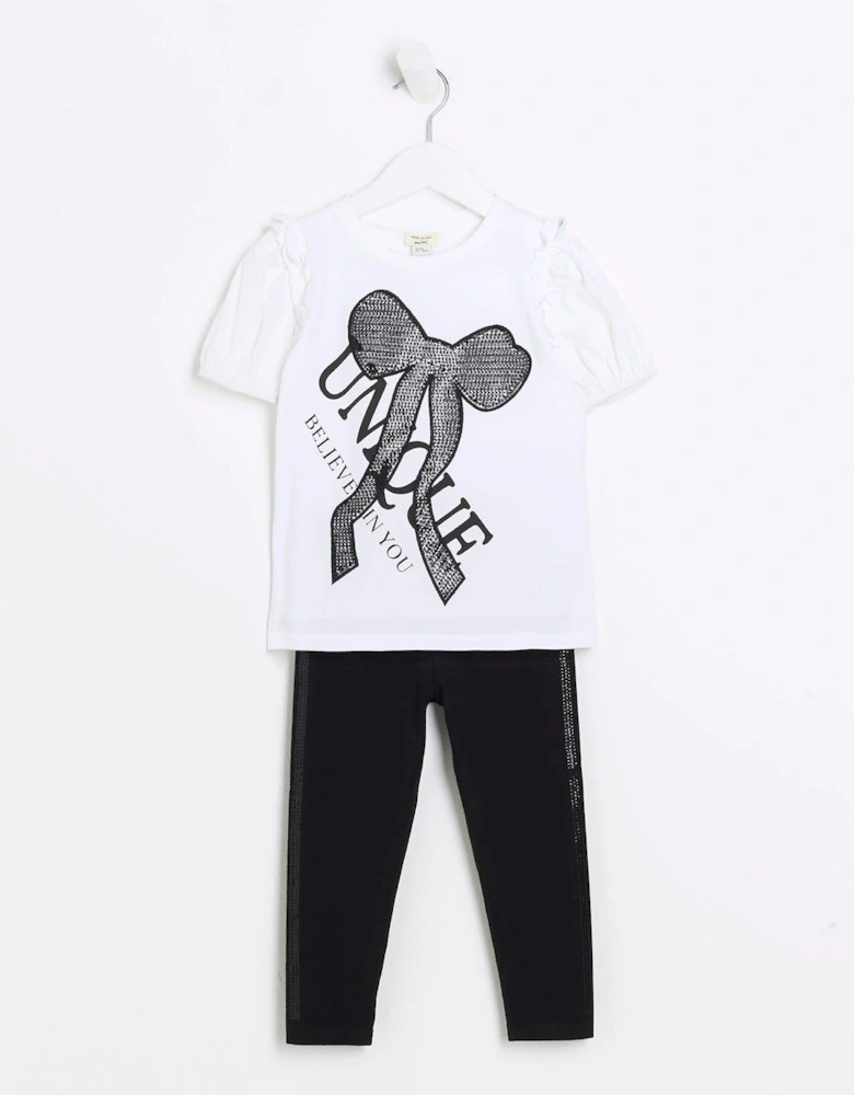 Mini Mini Girl Bow T-Shirt And Leggings Set - White