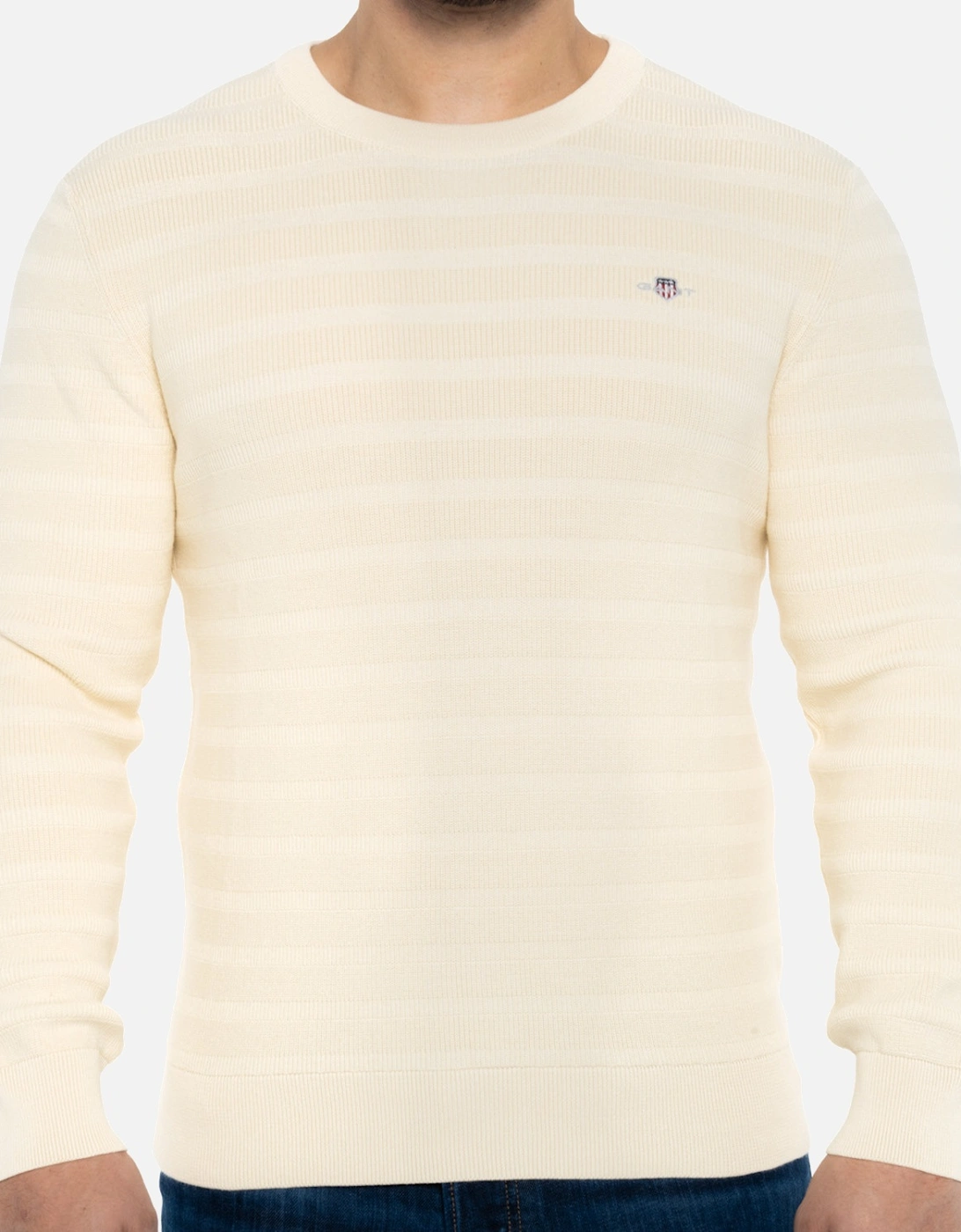 Mens Textured Stripe Crew Knit Sweatshirt (Cream), 8 of 7