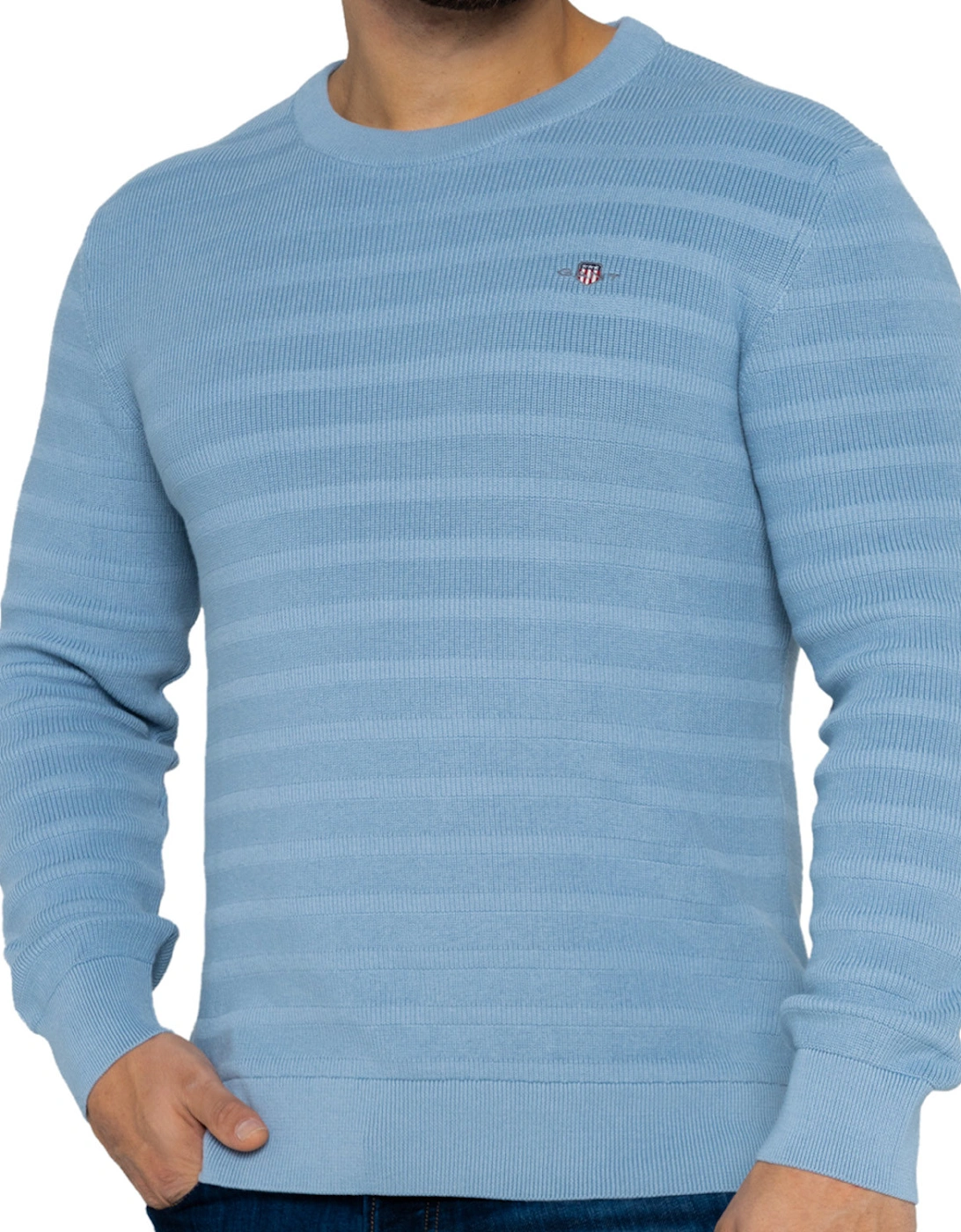 Mens Textured Stripe Crew Knit Sweatshirt (Blue)