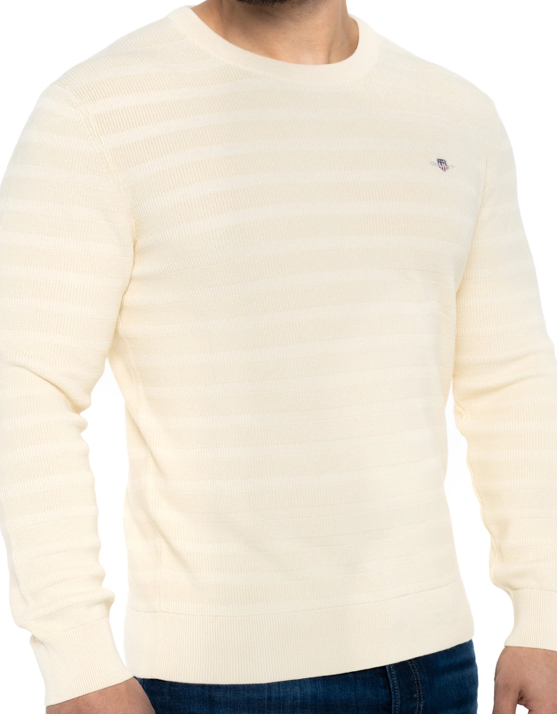 Mens Textured Stripe Crew Knit Sweatshirt (Cream)