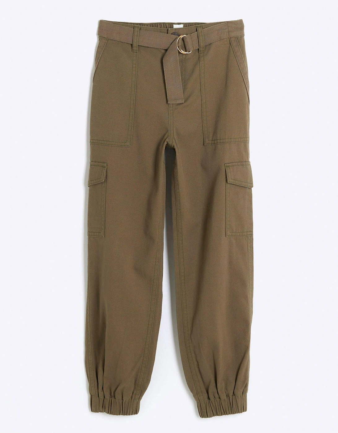 Girls Herringbone Belted Cargo Trousers - Khaki