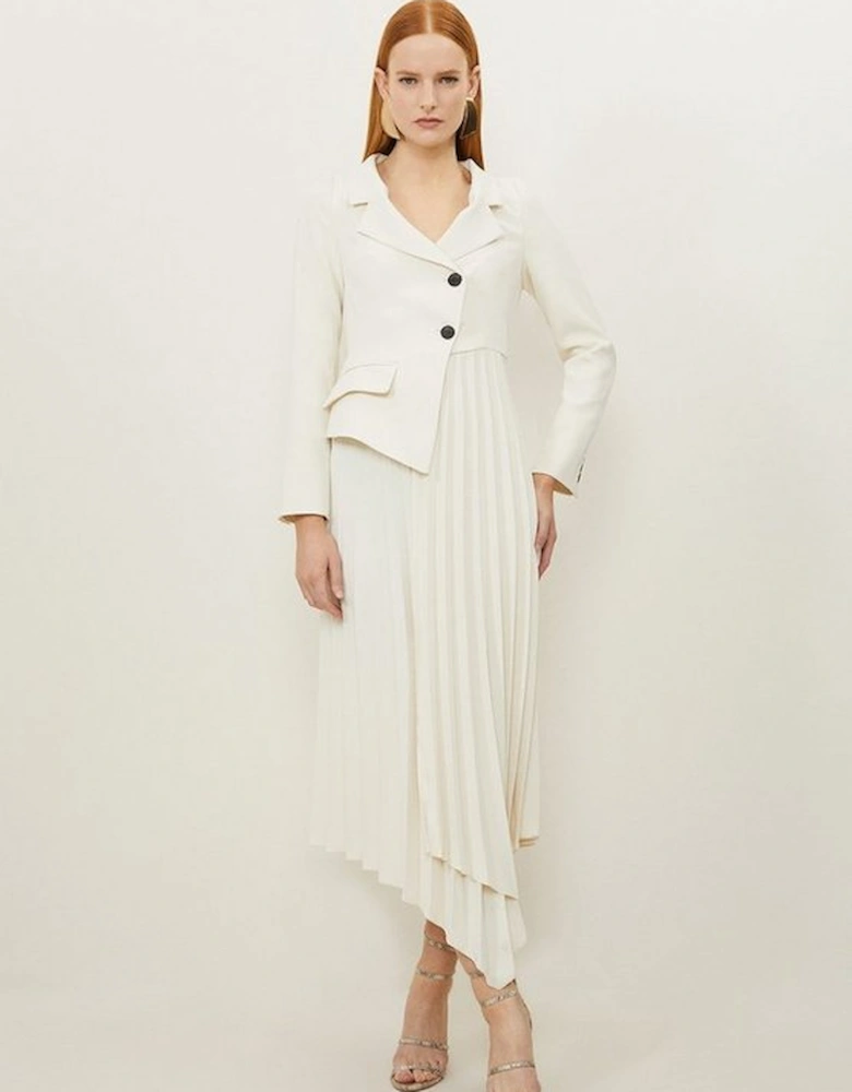 Tailored Crepe Asymmetric Pleated Skirt Blazer Midaxi Dress