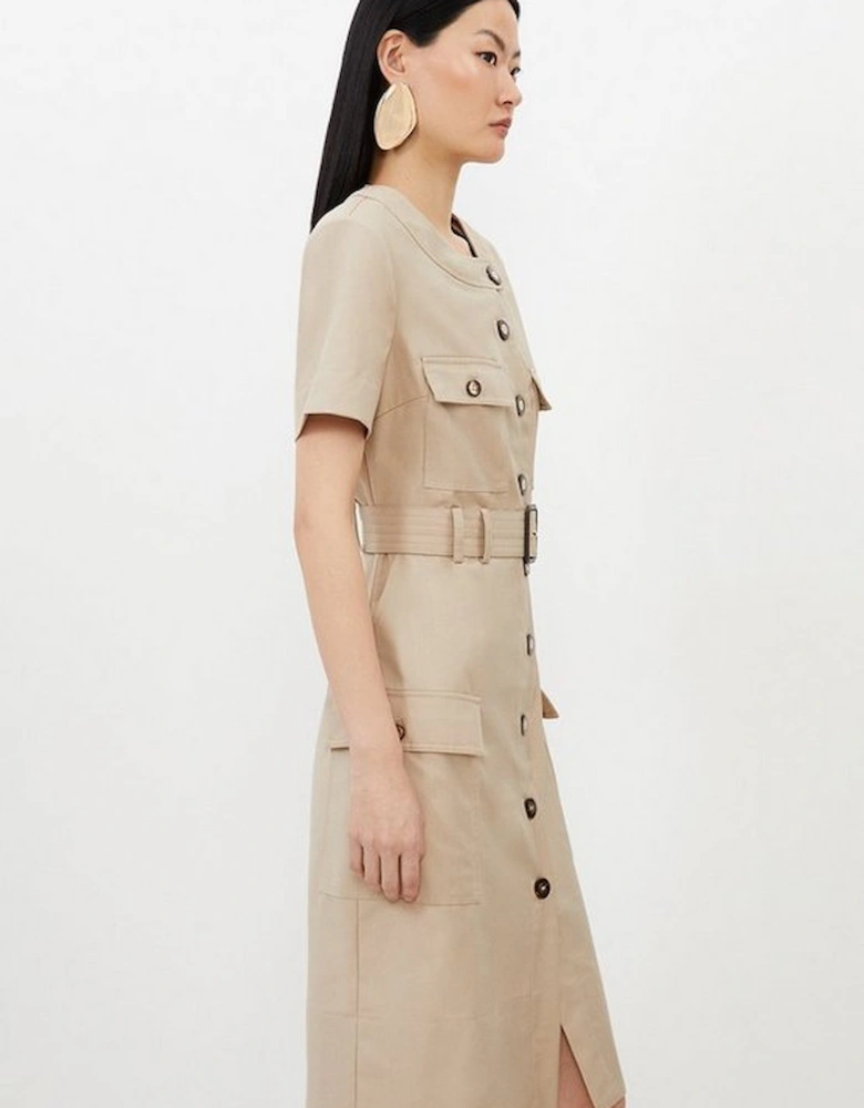 Twill Canvas Cargo Pocket Belted Tailored Midi Dress