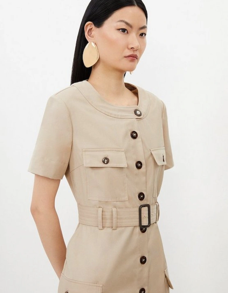 Twill Canvas Cargo Pocket Belted Tailored Midi Dress