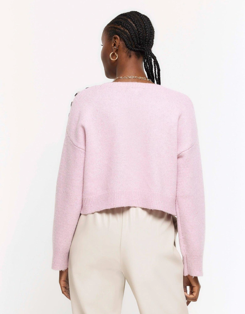 Cropped Button Jumper - Light Pink