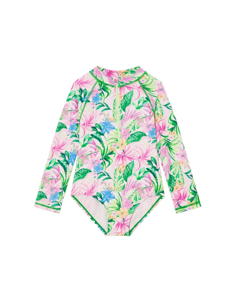 Girls Tropical Palm Upf50 Long Sleeve Swimsuit - Ivory